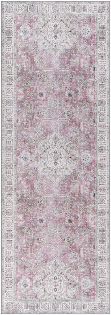 Close-up of the Bergman Distressed Red Area Rug, a traditional rug with blush, cream, and mauve tones. Oriental pattern, machine woven. Design-Runner-2676