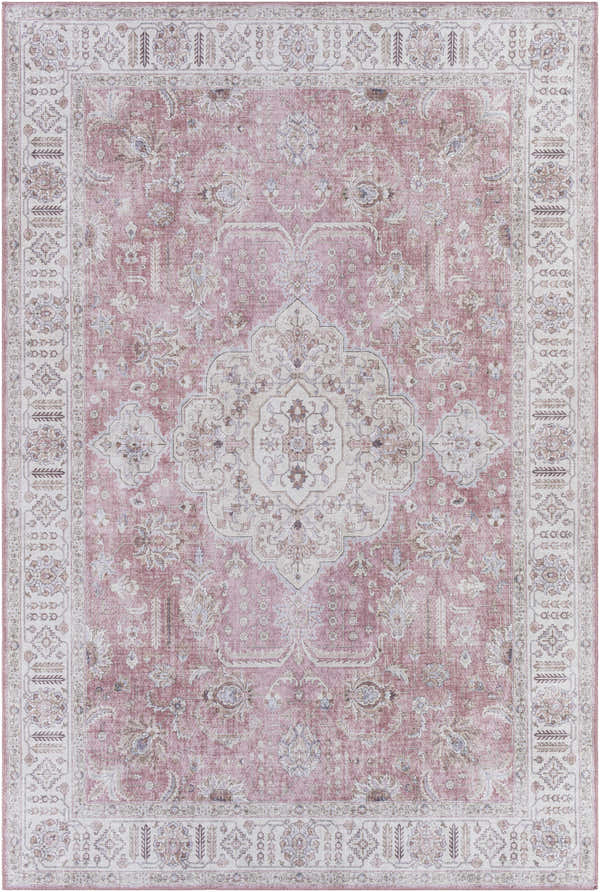 Detailed Bergman Distressed Red Area Rug with traditional floral pattern in blush, cream, and mauve tones. Design-Rectangle-576