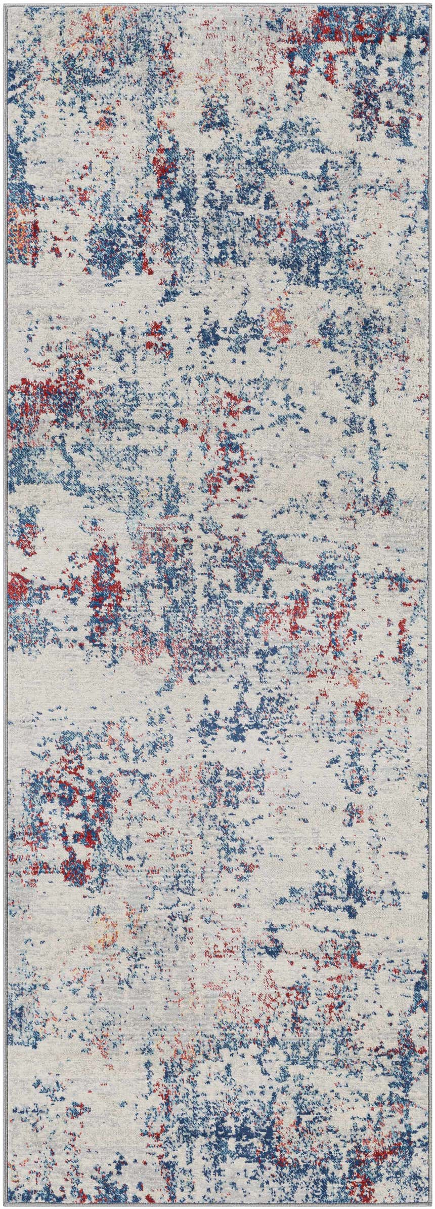 Close-up of the Bergvliet Area Rug. Contemporary design with blue, burgundy, cream, and gray distressed pattern. Design-Runner-2773