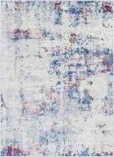 Close-up of the Bergvliet Area Rug: a contemporary rug in blue, burgundy, cream, and light gray with a distressed pattern. Design-Rectangle-5373