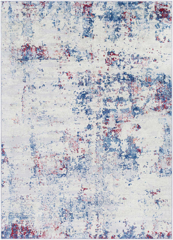 Close-up of the Bergvliet Area Rug: a contemporary rug in blue, burgundy, cream, and light gray with a distressed pattern. Design-Rectangle-5373