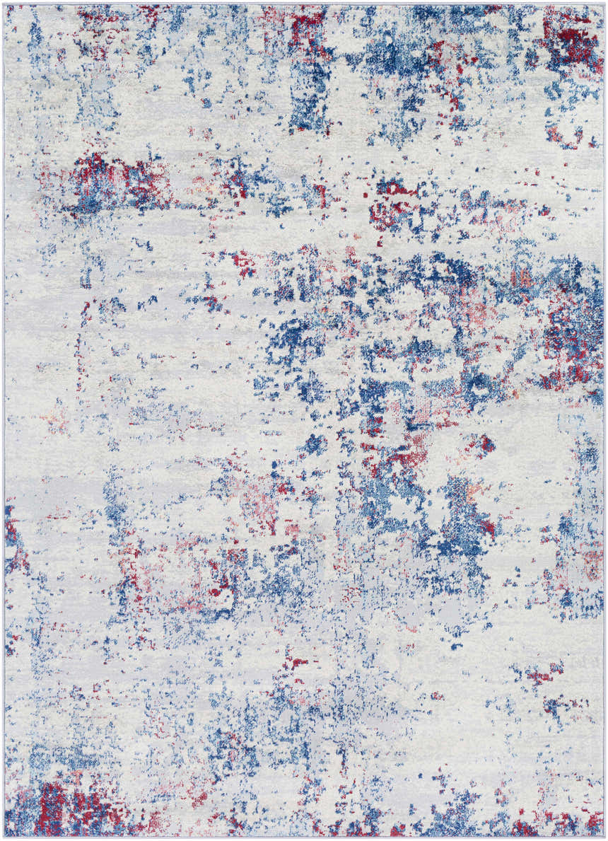 Close-up of the Bergvliet Area Rug: a contemporary rug in blue, burgundy, cream, and light gray with a distressed pattern. Design-Rectangle-5373