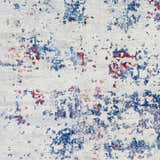 Close-up of the Bergvliet Area Rug. Abstract design in blue, burgundy, and cream on light gray polypropylene. Machine woven texture. Swatch