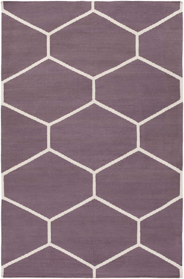 Close-up of the hand woven Bertram Area Rug. 100% cotton rug features a purple background and a white geometric pattern. Design-Rectangle-576
