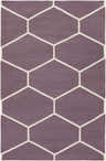 Close-up of the hand woven Bertram Area Rug. 100% cotton rug features a purple background and a white geometric pattern. Design-Rectangle-576