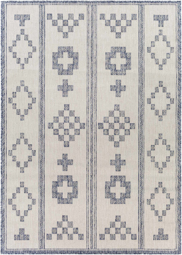 Close-up of the Besao Indoor & Outdoor Rug. Features a geometric pattern in blue and off-white hues. Southwestern style. Design-Rectangle-537