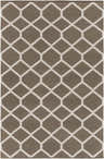 Close-up of the Bevington Area Carpet. Hand-woven cotton rug in taupe with an ivory geometric trellis pattern. Design-Rectangle-576