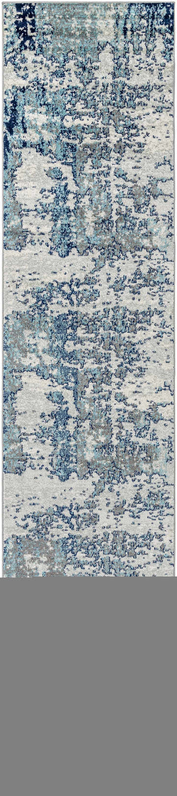 Close-up of the Beverly Abstract Blue Area Rug. Contemporary design with aqua, charcoal, dark blue, light slate, and white colors. Design-Runner-2712