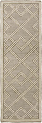 Close-up of the Bevier Area Rug. Dusty sage and light gray viscose rug with a geometric, farmhouse-style pattern. Design-Runner-268