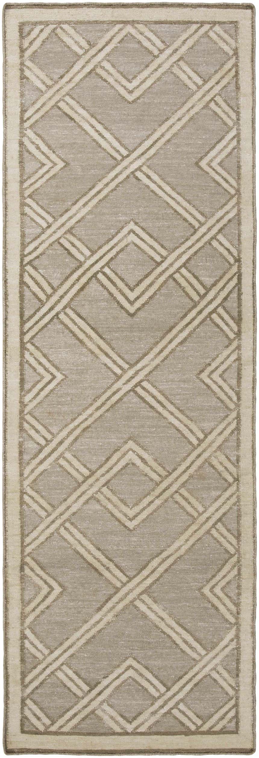 Close-up of the Bevier Area Rug. Dusty sage and light gray viscose rug with a geometric, farmhouse-style pattern. Design-Runner-268