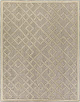 Bevier Area Rug, a hand woven rug with a geometric trellis pattern in dusty sage and light gray viscose. Design-Rectangle-810