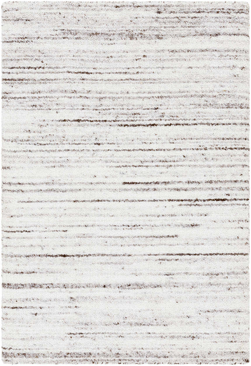 Close-up of the Beykoz Area Rug. Hand-loomed texture with cream and dark brown horizontal stripes. Contemporary style. Design-Rectangle-576