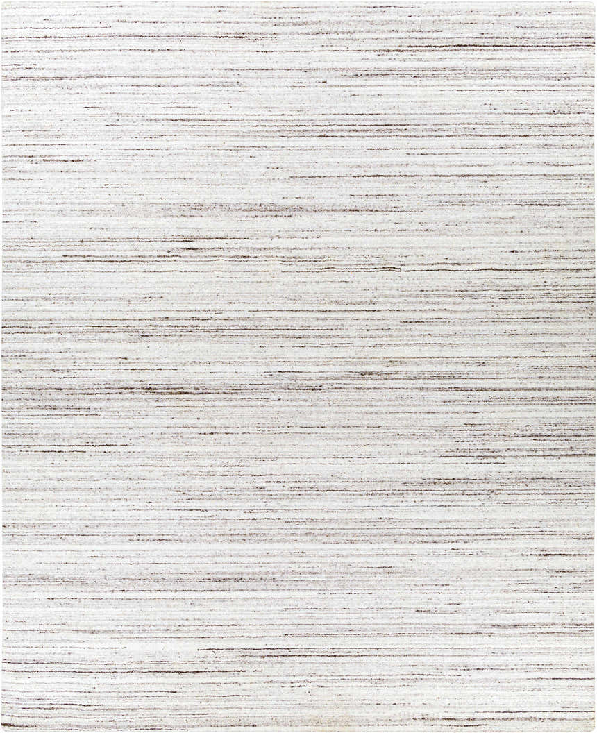 Close-up of the hand-loomed Beykoz Area Rug. Cream rug with dark brown and light beige horizontal striations. Design-Rectangle-810