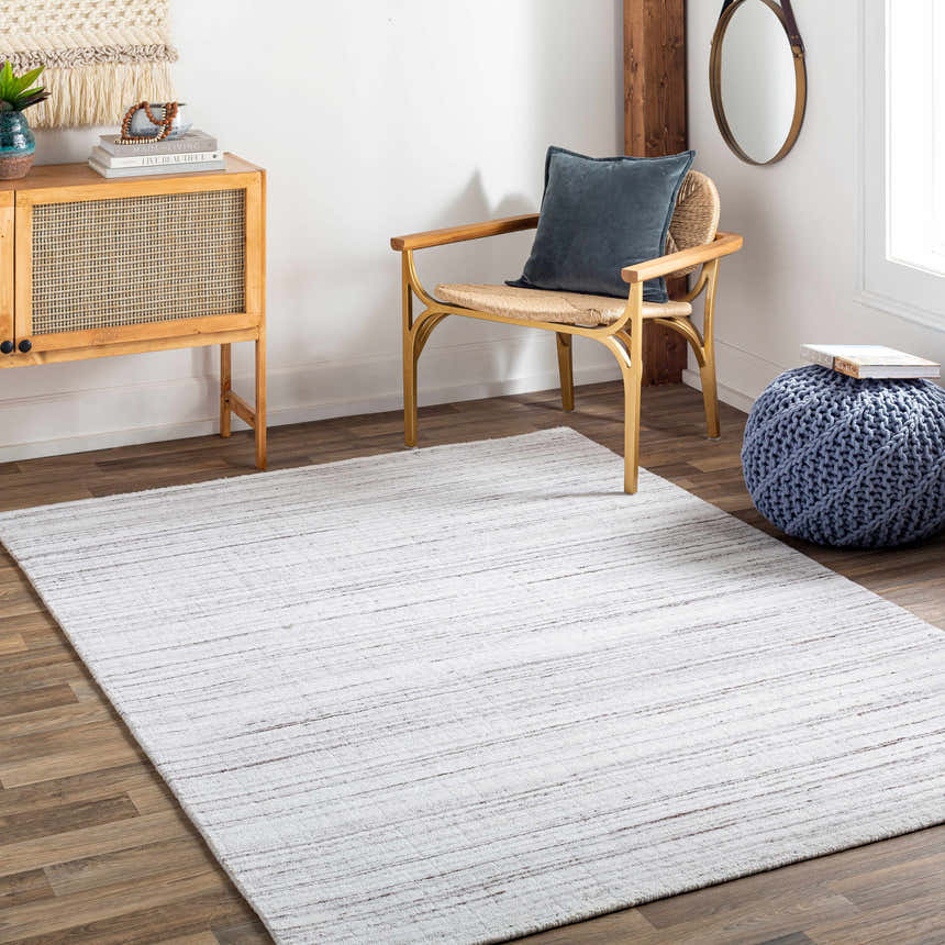 Living room with the cream and brown striped Beykoz Area Rug, wood furniture, and blue accents. Roomscene-Rectangle
