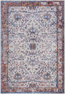 Close-up of the Beykonak Washable Area Rug; a vintage-style rug with black, blue, orange, and light gray floral patterns. Design-Rectangle-5373