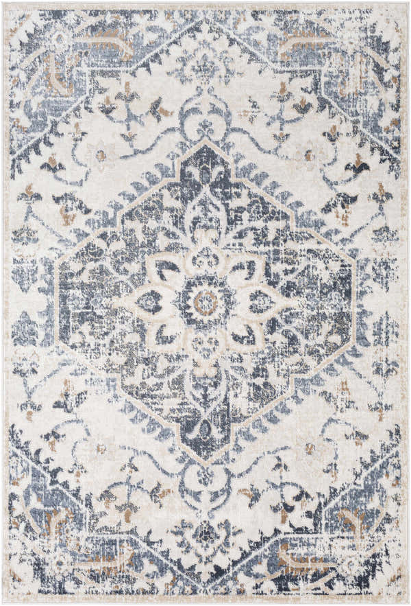 Close-up of the Biggleswade Denim Medallion Area Rug. Cream, denim, and tan oriental rug with a traditional medallion pattern. Design-Rectangle-527