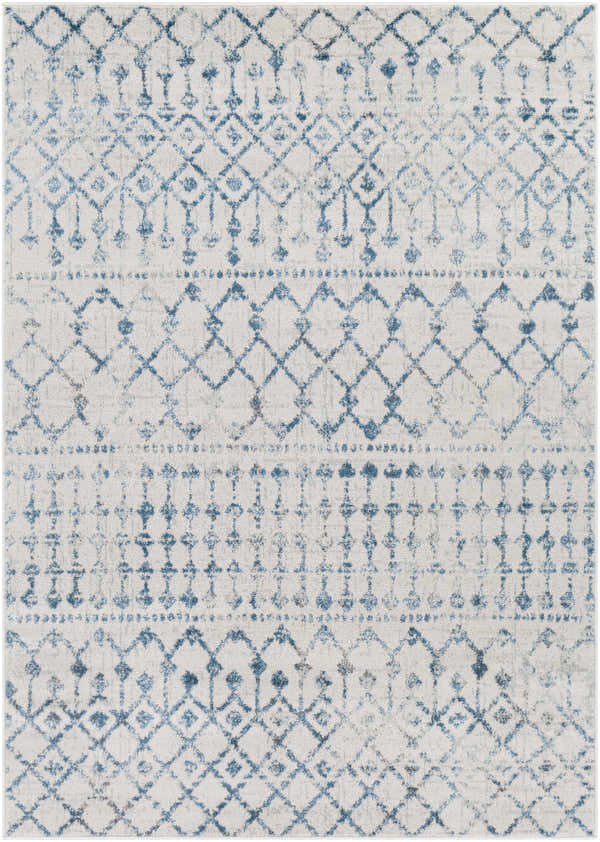 Close-up of the Binabalian Blue&White Tribal Area Carpet, featuring a geometric tribal pattern in blue, cream, and gray. Design-Rectangle-5373