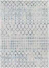 Close-up of the Binabalian Blue&White Tribal Area Carpet, featuring a geometric tribal pattern in blue, cream, and gray. Design-Rectangle-5373