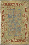 Close-up of the Binghamton Area Carpet, a hand-knotted rug with a floral design in blue, green, tan, and brown. Design-Rectangle-69