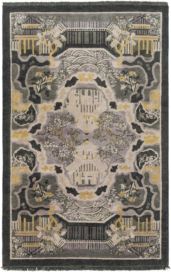 Hand knotted Binger Premium Area Rug in dark green, ivory, gray, and tan with a traditional Asian garden design. Design-Rectangle-58