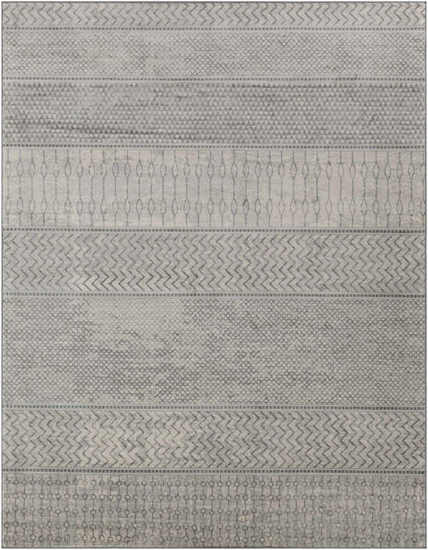 Close-up of Bingham Area Rug featuring gray, ivory, and silver geometric patterns. Machine woven polypropylene rug. Design-Rectangle-710103