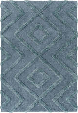 Close-up of the Binucayan Area Rug. Blue shag rug with a diamond trellis pattern. Soft, textured design. Design-Rectangle-537