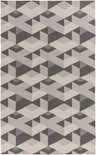 Close-up of the Birchleaf Area Carpet, a hand-woven wool rug with a contemporary geometric pattern in charcoal, gray, and ivory. Design-Rectangle-576