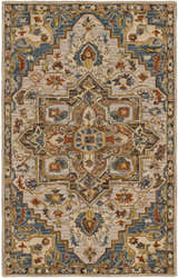 Detailed Birtley Area Rug close-up. Hand-tufted wool rug with a traditional, bohemian pattern in slate blue, rust, and tan colors. Design-Rectangle-576