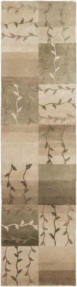 Bissell Area Carpet runner in light brown and gray. Hand-knotted 100% wool rug with contemporary vine and leaf design. Design-Runner-2610