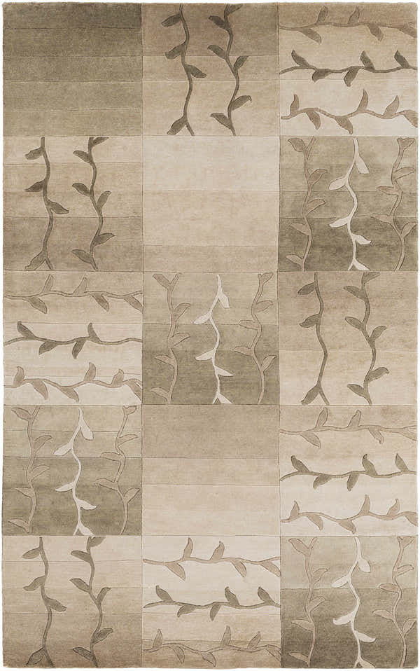 Bissell Area Carpet, a hand-knotted wool rug with a contemporary vine pattern in dark brown, light brown, and off-white tones. Design-Rectangle-58