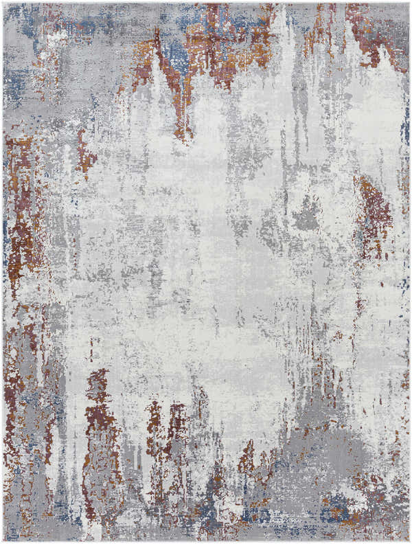 Close-up of Bitton Faux Silk Rug. Abstract design in brick red, charcoal, gray, lavender, and off-white hues. Design-Rectangle-710103