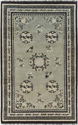Hand knotted Bixby Area Rug in light gray wool with black, sage, and beige floral and geometric traditional design. Design-Rectangle-58