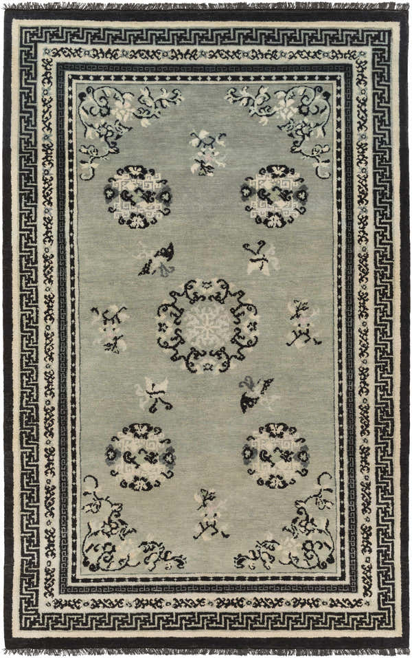 Hand knotted Bixby Area Rug in light gray wool with black, sage, and beige floral and geometric traditional design. Design-Rectangle-58