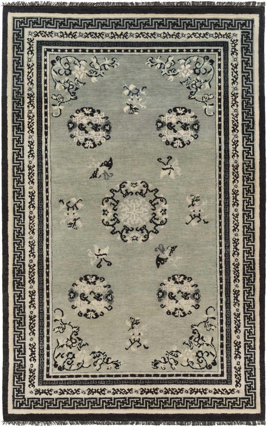 Hand knotted Bixby Area Rug in light gray wool with black, sage, and beige floral and geometric traditional design. Design-Rectangle-58