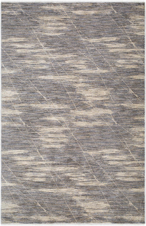 Close-up of the Utari Taupe Area Rug, a contemporary rug with a linear pattern in taupe, gray, and navy. Design-Rectangle-57