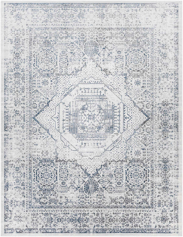 Detailed Blantyre Faux Silk Rug in off white and navy. Traditional oriental rug with bohemian floral and geometric patterns. Design-Rectangle-71010
