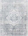 Detailed Blantyre Faux Silk Rug in off white and navy. Traditional oriental rug with bohemian floral and geometric patterns. Design-Rectangle-71010