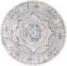 Close-up of round Blantyre Faux Silk Rug. Features a traditional oriental pattern in shades of white gray and dark blue. Design-Round-710