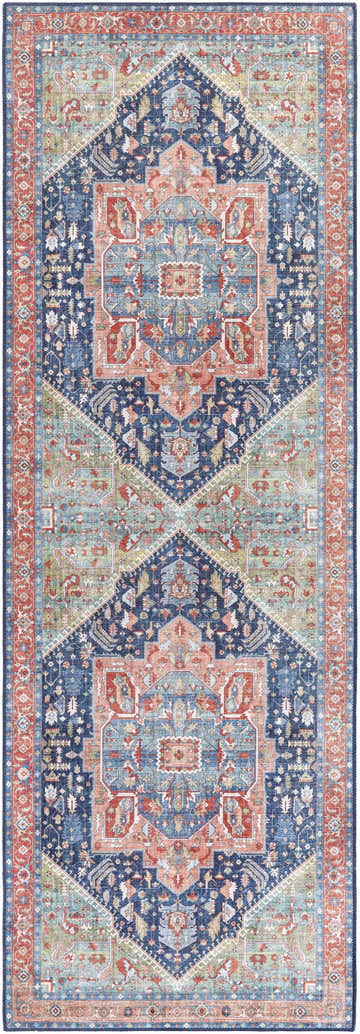 Detailed view of the Blaze Area Rug, a Persian style rug in blue, red, camel, and sage. Design-Runner-2676