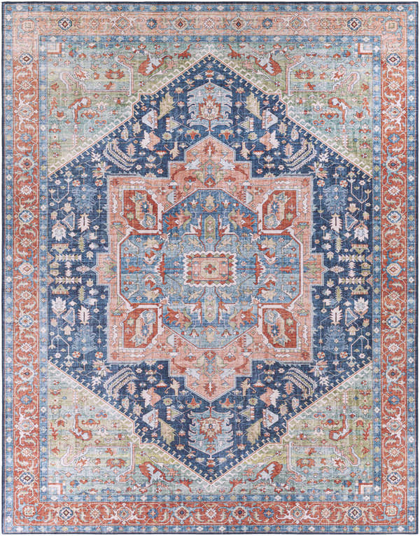 Detailed view of the Blaze Area Rug, a traditional Persian style rug in blue, brick red, and sage. Design-Rectangle-7696