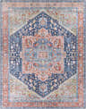 Detailed view of the Blaze Area Rug, a traditional Persian style rug in blue, brick red, and sage. Design-Rectangle-7696