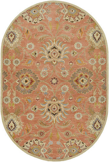Close-up of the oval Conesus 1112 rug. Hand-tufted wool rug in beige, brick red, and brown with a floral, bohemian pattern. Design-Oval-69