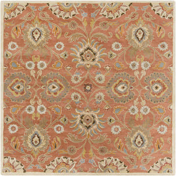 Detailed floral pattern on the Conesus 1112 rug. Hand-tufted wool rug in beige, brick red, brown, and burnt orange. Design-Square-8