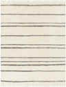 Close-up of the hand-knotted Belconnen Clearance Rug. Cream and charcoal wool rug with striped Moroccan design and fringe. Design-Rectangle-810