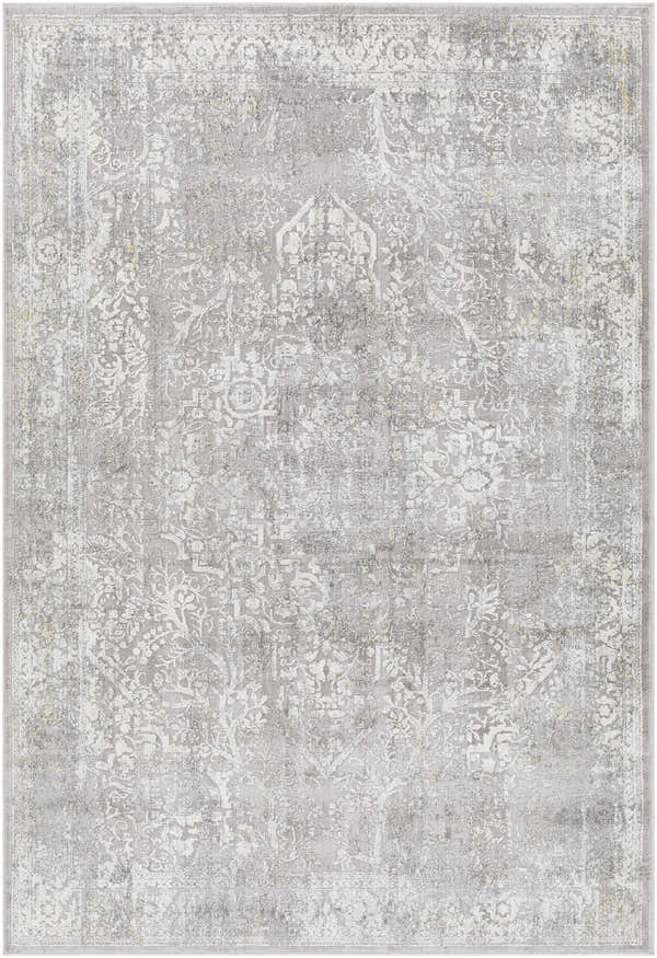 Close-up of the Blean Area Rug: charcoal, cream, and gray tones with a traditional, distressed floral pattern. Design-Rectangle-573