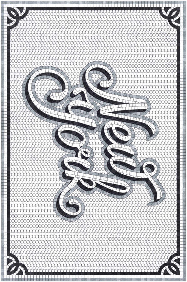 Bleiblerville Area Rug, a contemporary vinyl rug with a black, cream, and gray mosaic tile design. Design-Rectangle-23