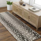 Entryway scene with beige console table and Athena Giraffe Print Wool Rug runner in beige, charcoal, and white thatch. Roomscene-Runner