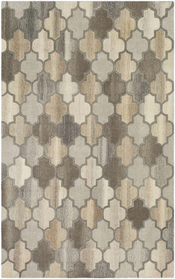Close-up of the Bluffdale Area Rug featuring a quatrefoil pattern in black, brown, beige, tan, and gray tones. Design-Rectangle-58