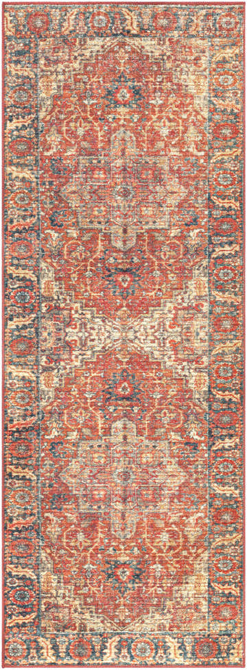 Close-up of the Bail Washable Area Rug. Features a traditional, oriental design in red, blue, and beige tones. Design-Runner-2773
