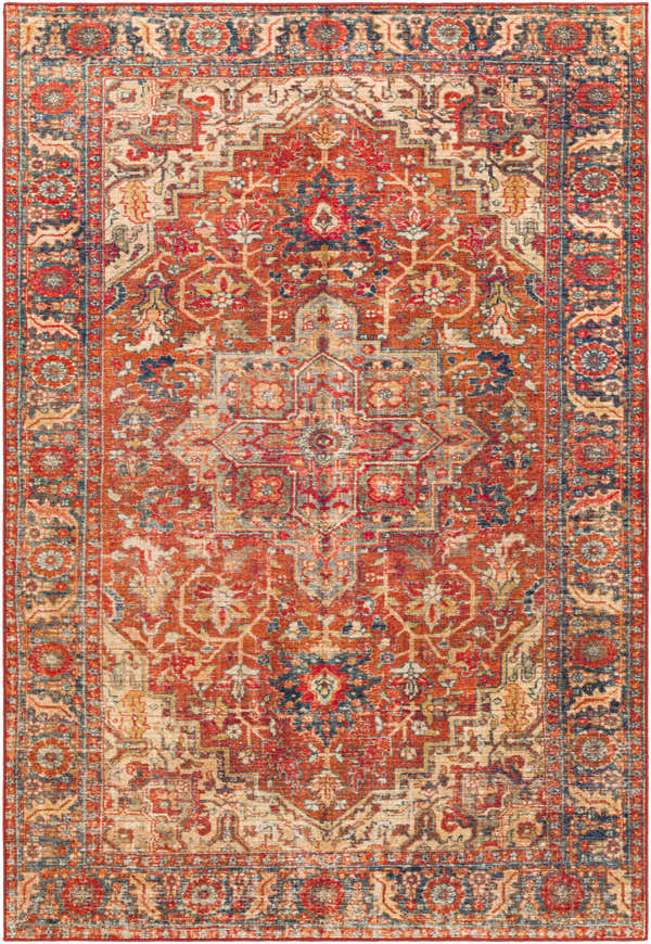 Bail Washable Area Rug, a machine-woven polyester rug with a traditional, oriental design in red, blue, and beige tones. Design-Rectangle-537